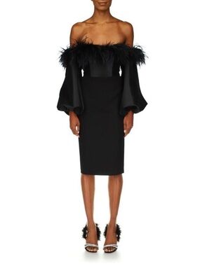 Badgley Mischka Black Feather-Trim Off-Shoulder Pencil Skirt Dress